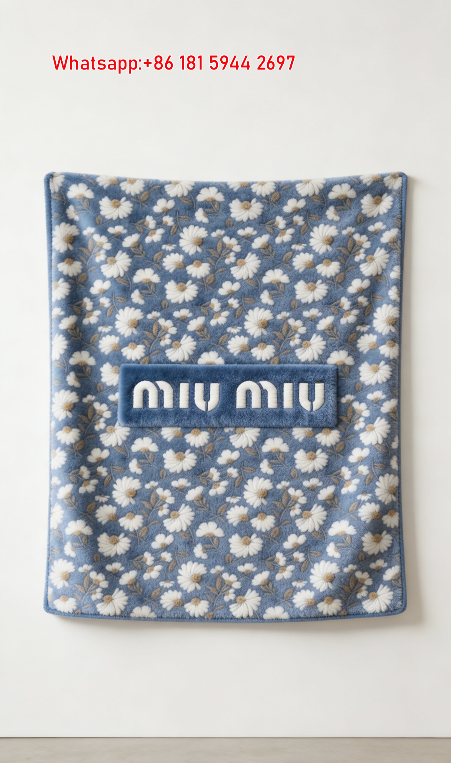 Miu Miu Blue Daisy Floral Pattern Flannel Throw Blanket Miu Miu Embroidered Logo Printed Sofa Blanket IMG_0355
